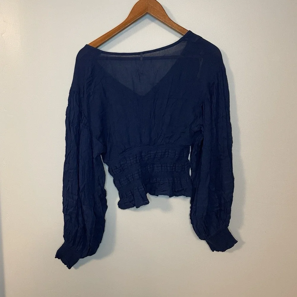 Free People Ruched‎ Puff Long Sleeve Blouse Navy Women's Size Small